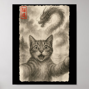 Grappige Sumi-e Kawaii Verrast Bang Kat Selfie Wi Poster