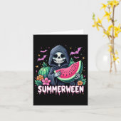 Grappige Summerween Skeleton Watermelon Halloween Kaart (Gele Bloem)
