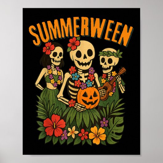 Grappige Summerween Skeletons Luau Party Halloween Poster (Voorkant)