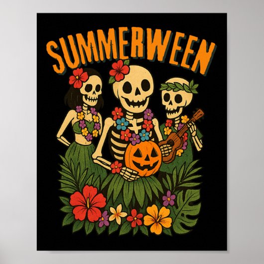 Grappige Summerween Skeletons Luau Party Halloween Poster (Voorkant)