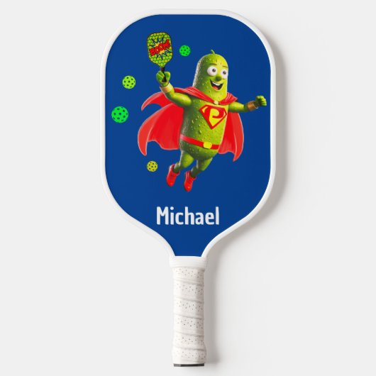 Grappige Super Pickleman op blauw gepersonaliseerd Pickleball Paddle (Voorkant)