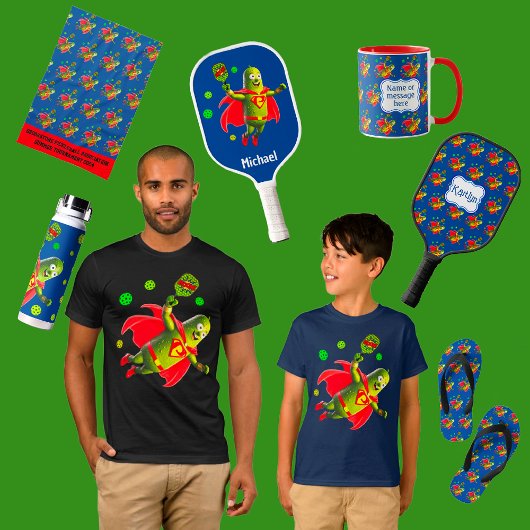 Grappige Super Pickleman op blauw gepersonaliseerd Pickleball Paddle