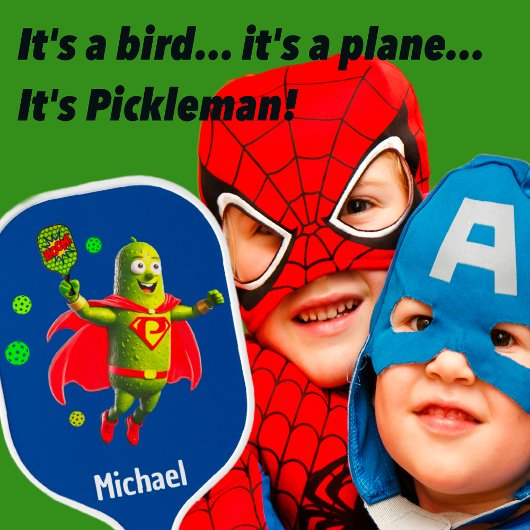 Grappige Super Pickleman op blauw gepersonaliseerd Pickleball Paddle