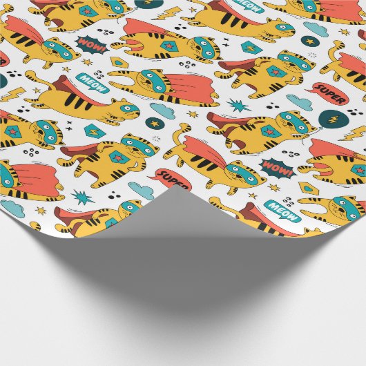 Grappige superheld kat cadeaupapier (Hoek)