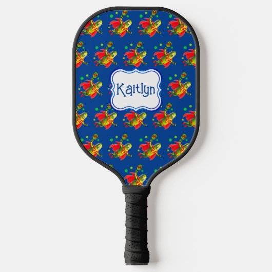 Grappige SuperPickleman op blauw gepersonaliseerd Pickleball Paddle (Voorkant)