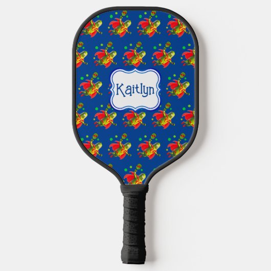 Grappige SuperPickleman op blauw gepersonaliseerd Pickleball Paddle (Achterkant)