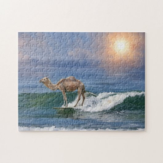 Grappige surfende kameel op oceaangolf Fun-puzzel Legpuzzel (Horizontaal)