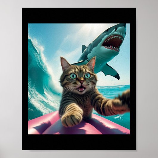 Grappige Surfende Kat Selfie Met Haai Meme _1 Poster (Voorkant)