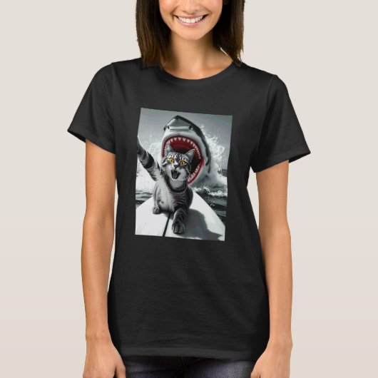 Grappige surfende kat selfie met haai meme 2 t-shirt (Voorkant)