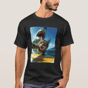 Grappige surfende kat selfie met haai meme t-shirt