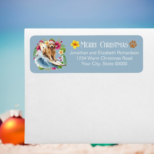 Grappige Surfende Kerstman Hond Kerst Retouradres Etiket