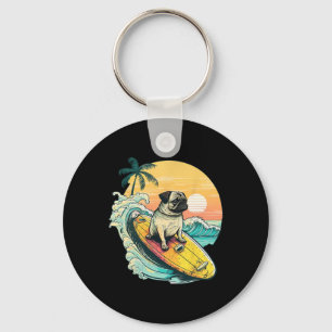 Grappige surfende pug op het strand Huisdierliefhe Sleutelhanger