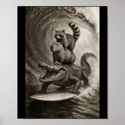Grappige Surfende Wasbeer Capybara Krokodil Selfie Poster (Voorkant)