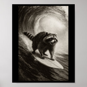 Grappige Surfende Wasbeer Selfie Op Surfplank Stra Poster