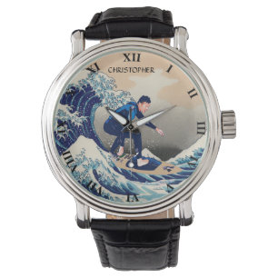 Grappige Surfer die op de Grote Golf Hokusai Horloge