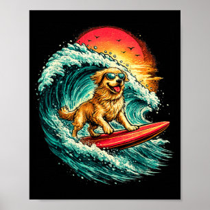 Grappige surfhond golden retriever strand golven poster