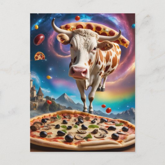 Grappige Surreal Pizza Koe Kleurrijke Collage Briefkaart (Voorkant)