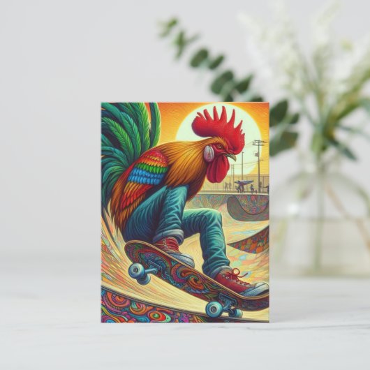 Grappige Surreal Skateboarden Haan Briefkaart (Staand voorkant)