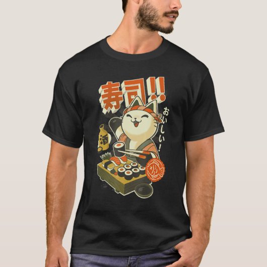 Grappige Sushi Kat Chef T-shirt (Voorkant)