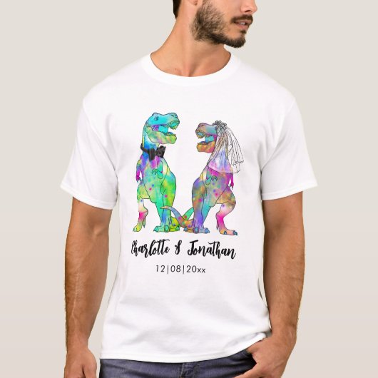 Grappige T-Rex bruid & bruidegom dinosaurus bruilo T-shirt (Voorkant)