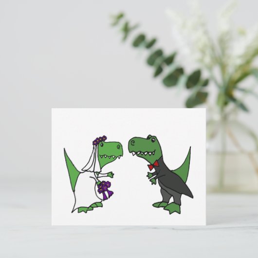 Grappige T-rex Dinosaurus Bruid en bruidegom Huwel Briefkaart (Staand voorkant)