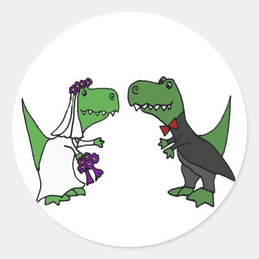 Grappige T-rex Dinosaurus Bruid en bruidegom Huwel Ronde Sticker (Voorkant)
