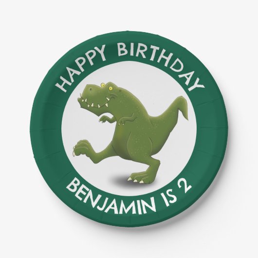 Grappige t rex dinosaurus cartoon gepersonaliseerd papieren bordje (Voorkant)