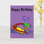 Grappige T-rex Dinosaurus Jet Skiing Cartoon Kaart (Gele Bloem)
