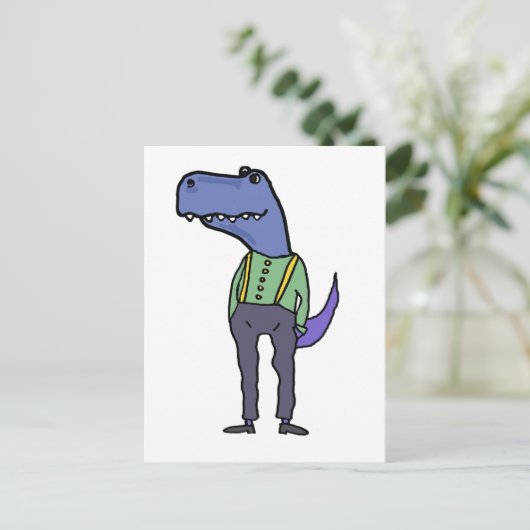Grappige T-rex dinosaurus met bretels Briefkaart (Staand voorkant)