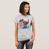 Grappige T-rex dinosaurus schaatsen Vrolijk kerstf T-shirt (Voorkant volledig)