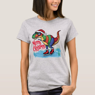 Grappige T-rex dinosaurus schaatsen Vrolijk kerstf T-shirt