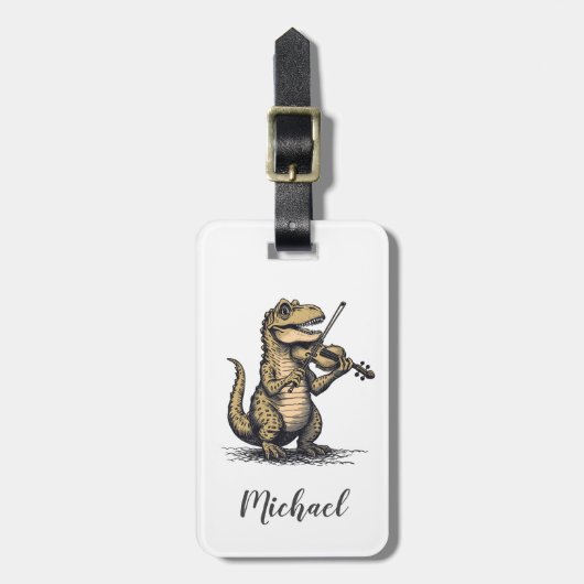 Grappige T-Rex Dinosaurus Speelt Viool Zwart Wit Bagagelabel (Voorkant verticaal)