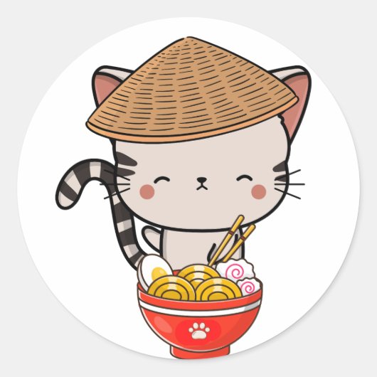 Grappige tabby kat eet noedels ronde sticker (Voorkant)