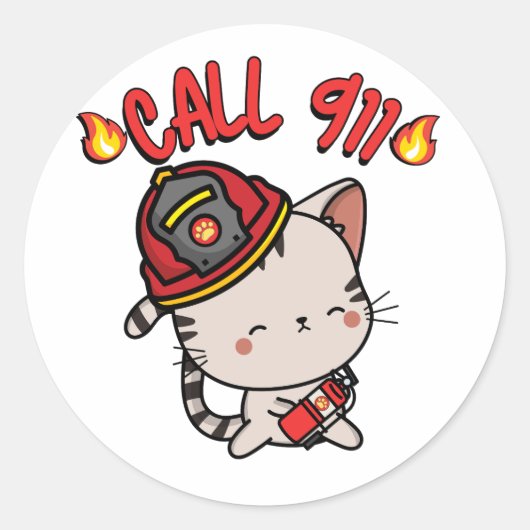 Grappige tabby kat is een brandweerman ronde sticker (Voorkant)