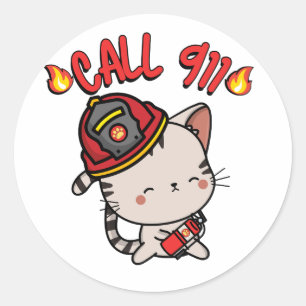 Grappige tabby kat is een brandweerman ronde sticker