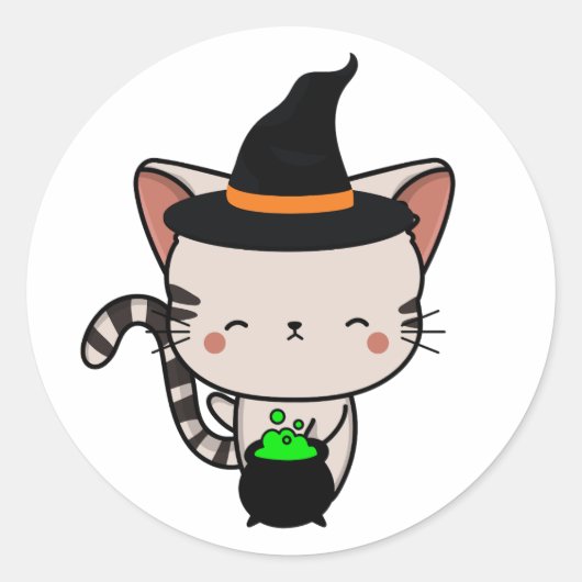 Grappige Tabby kat is een heks Ronde Sticker (Voorkant)