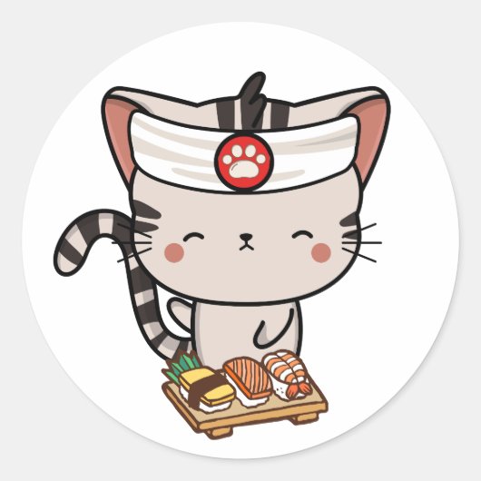 Grappige tabby kat is een sushi chef ronde sticker (Voorkant)