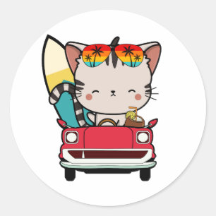 Grappige Tabby kat rijdt naar het strand Ronde Sticker