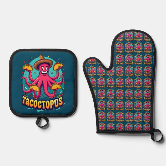 Grappige Taco Octopus Cartoon Food Pun Ovenwant & Pannenlap Set (Voorkant)