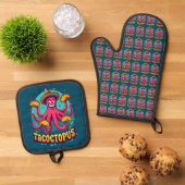 Grappige Taco Octopus Cartoon Food Pun Ovenwant & Pannenlap Set (Top down)