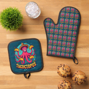 Grappige Taco Octopus Cartoon Food Pun Ovenwant & Pannenlap Set