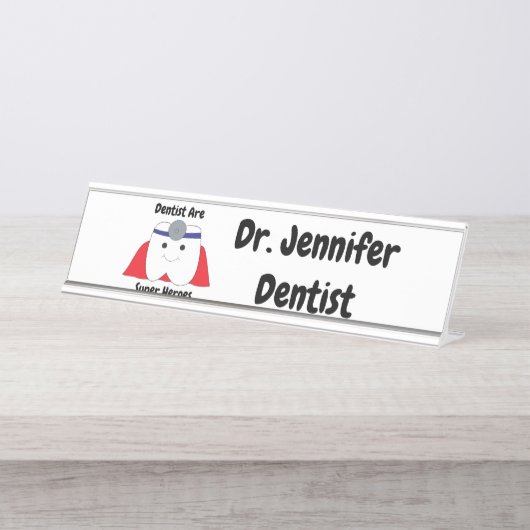 Grappige Tandarts Super Hero Personaliseren Bureau Naambordje (Voorkant)