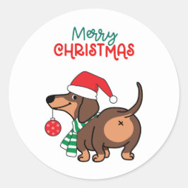 Grappige teckel hond Schattige Vrolijk Kerstfeest Ronde Sticker