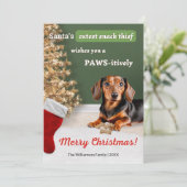 Grappige teckel hond snack dief kerst feestdagenkaart (Staand voorkant)