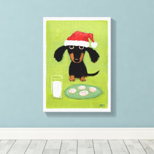 Grappige teckel Santa Clause met melk en koekjes Canvas Afdruk (Insitu (Houten vloer))