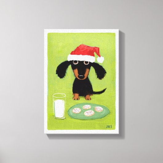Grappige teckel Santa Clause met melk en koekjes Canvas Afdruk (Voorkant)