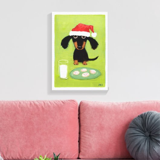 Grappige teckel Santa Clause met melk en koekjes Canvas Afdruk (Insitu (Woonkamer))