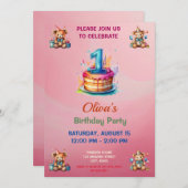 Grappige teddybeer eerste verjaardag uitnodiging (Voorkant / Achterkant)