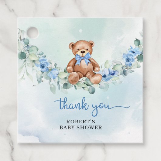 Grappige teddybeer stoffige blauwe bloemeneucalypt bedankjes labels (Voorkant)