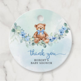 Grappige teddybeer stoffige blauwe bloemeneucalypt bedankjes labels